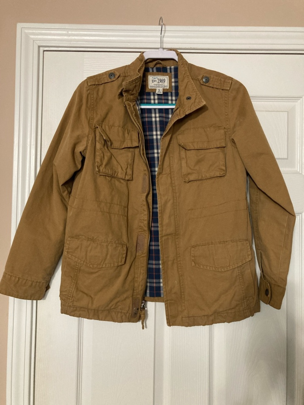 Children's Place -Kids Tan Military-Style Field Jacket with Plaid Lining - XL